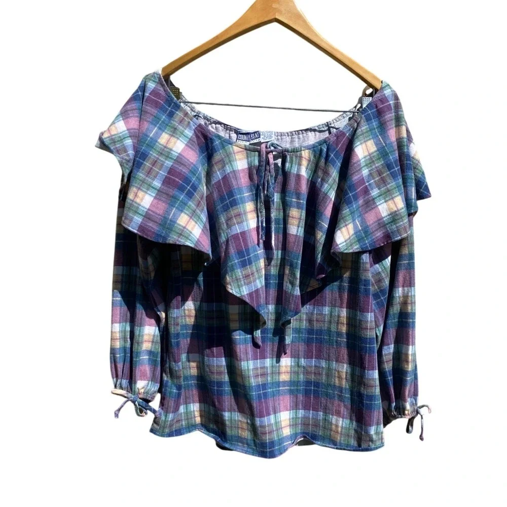 Vintage 1990s Plaid Ruffle Blouse Purple Check USA Medium Cottage Peasant Retro - Picture 2 of 5